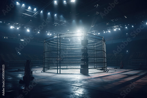 Battle in the Cage: Interior View of Sport Arena with Fans and Spotlights. Generative Ai © zzzz17
