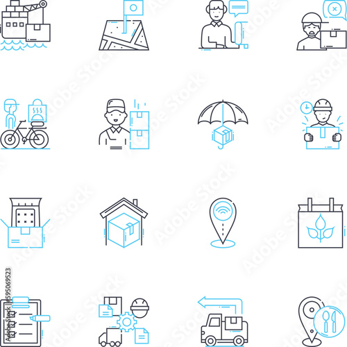 Transport agency linear icons set. Fleet, Logistics, Delivery, Shipment, Transport, Dispatch, Cargo line vector and concept signs. Freight,Carrier,Transit outline illustrations