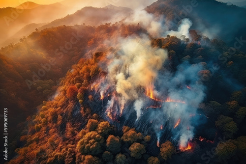 Devastation from Above  Aerial View of Forest Fire on Mountain. Generative Ai