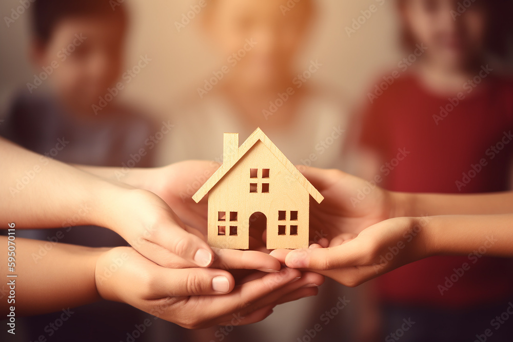 Hands holding cute little wooden house. Home concept. Generative ai Hands holding cute little wooden house. Home concept. Generative ai