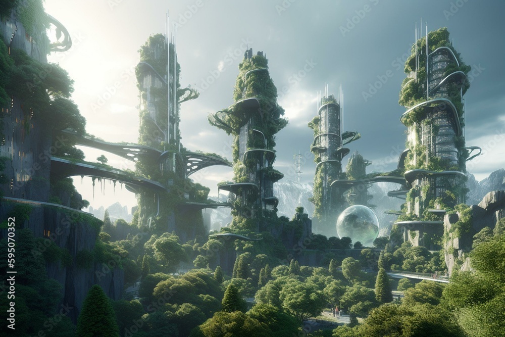 Futuristic city covered with trees. Generative AI