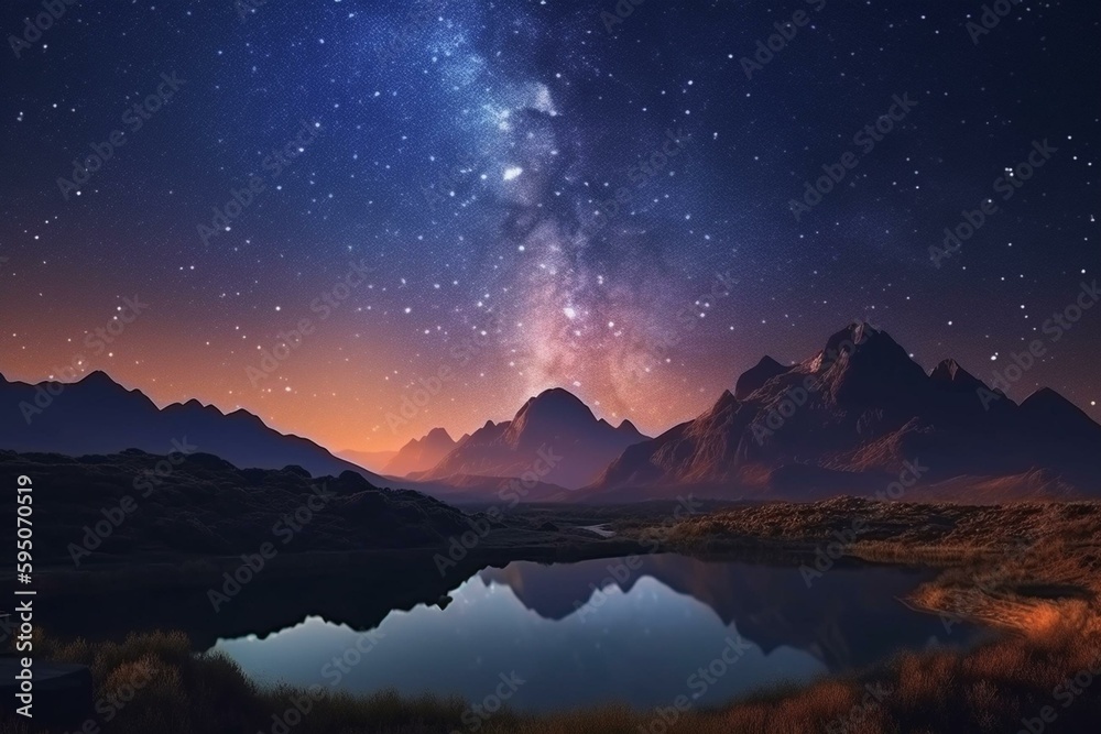 The mountains and lakes under the starry sky again, AI generated. Generative AI