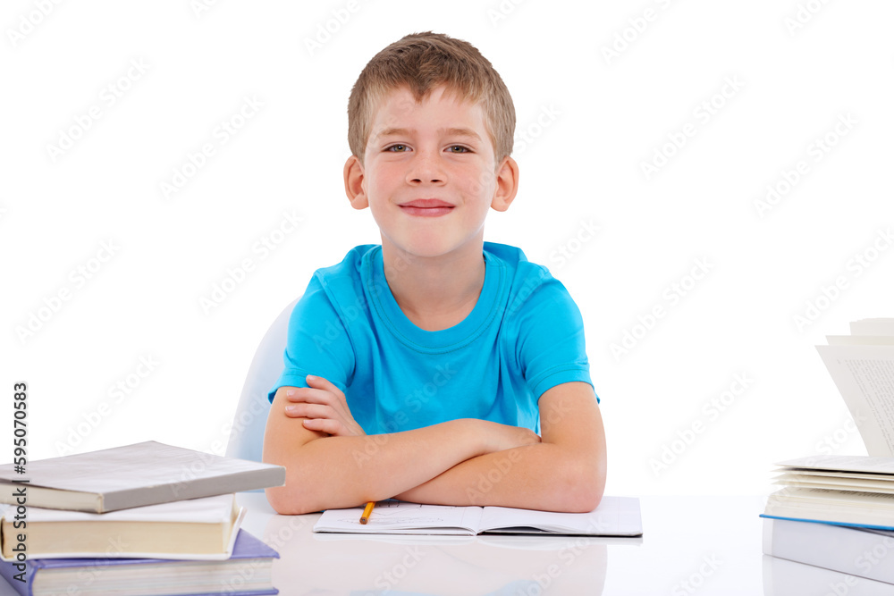 Books, learning and child portrait with a school desk for studying and classroom work. Happiness, young kid and education of a happy boy with youth isolated on a transparent, png background Books, learning and child portrait with a school desk for studying and classroom work. Happiness, young kid and education of a happy boy with youth isolated on a transparent, png background