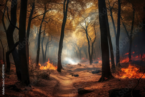 Devastation: Fire Burns Through a Forest. Generative Ai