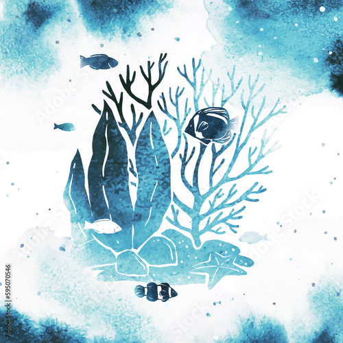Watercolor vector silhouette of fish, starfish and seaweed. Seascape hand drawn illustration with splashes. Marine underwater life. Underwater plants and fish for aquarium