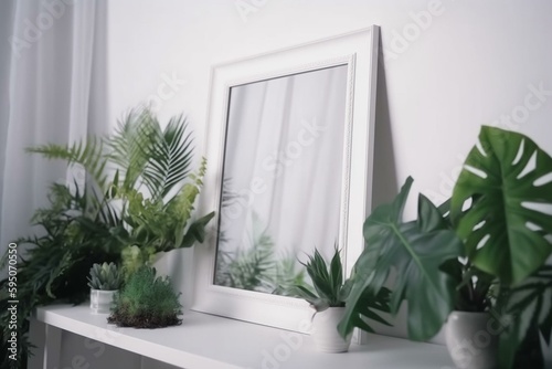 empty white frame with plants. Generative AI