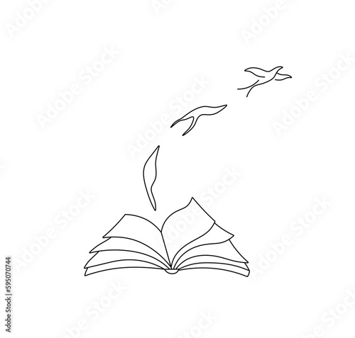 Vector isolated one single open book with pages sheets and flying birds colorless black and white contour line easy drawing