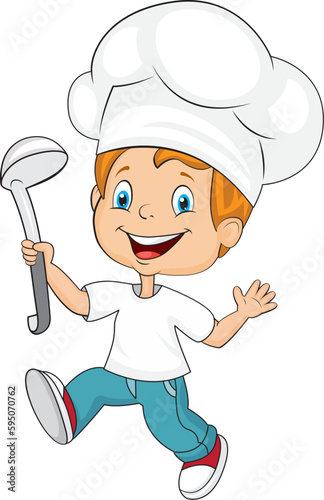 Cartoon character, little cook with a ladle in his hand. 