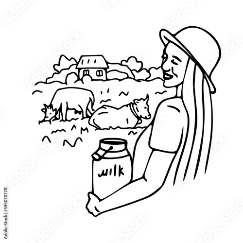 Happy female farmer carries milk on the background of the farm and cows.  Illustration isolated on white background.  Perfect for packaging, advertising, design, logo