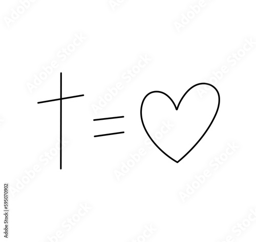 Vector isolated one single simplest cross with little heart God is love  colorless black and white contour line easy drawing