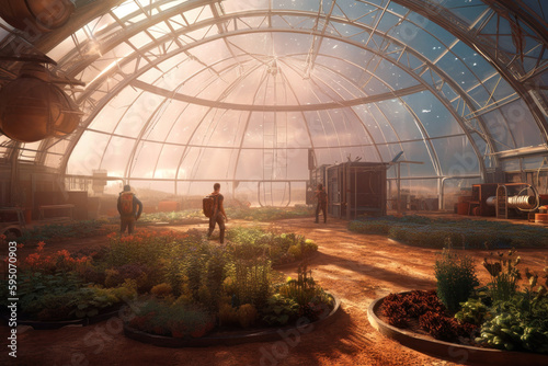 Fotografie, Tablou Martian Farmers Tending to Crops in a Glass Dome. Generative Ai