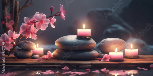 Tranquility in Nature. Zen stones  candles and blooming cherry. . Generative Ai