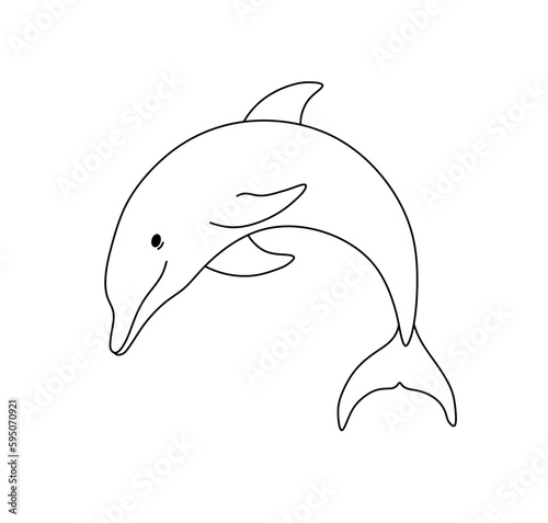 Vector isolated one single cute cartoon jumping swimming dolphin side view colorless black and white contour line easy drawing