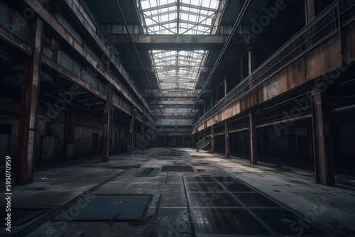 Empty abandoned factory industrial building created with AI. Generative AI