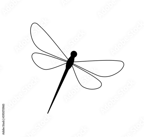 Vector isolated one single simplest symmetrical dragonfly with black body and four wings colorless black and white contour line easy drawing © MariMuz