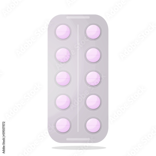Cute blister packs pills. Pharmacy colorful packaging. Aspirin, painkiller drugs, antibiotics, vitamins, or antidepressants. Detailed flat illustration. Stylish pills isolated on white background.