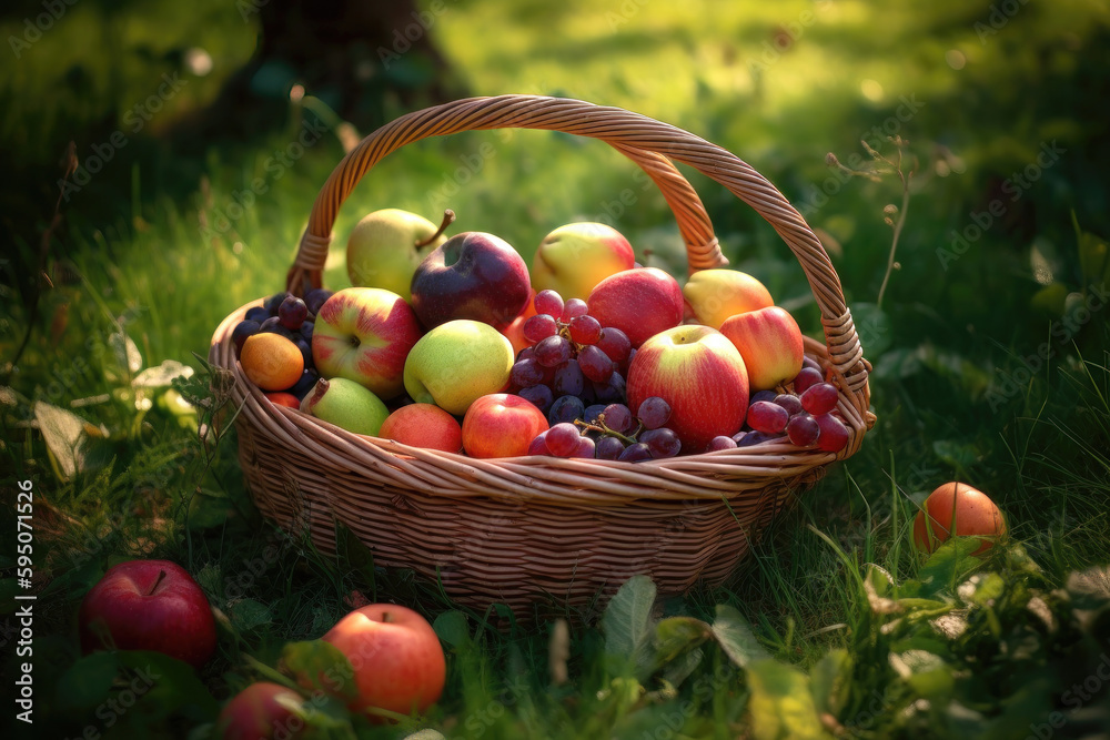 A Bountiful Basket of Fruits: A Green and Crimson Display on the Grass. Generative Ai A Bountiful Basket of Fruits: A Green and Crimson Display on the Grass. Generative Ai