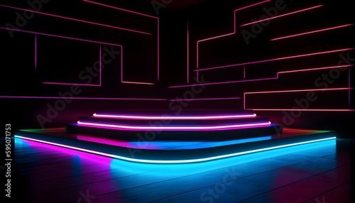Futuristic Stage colorful neon lights stages room background and backdrop, empty podium for Product Display or Presentations, abstract modern, Perfect for Showcases and Modern Projects. 3D Rendering.