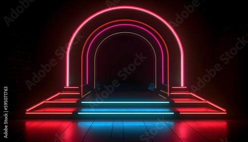 Futuristic Stage colorful neon lights stages room background and backdrop, empty podium for Product Display or Presentations, abstract modern, Perfect for Showcases and Modern Projects. 3D Rendering.