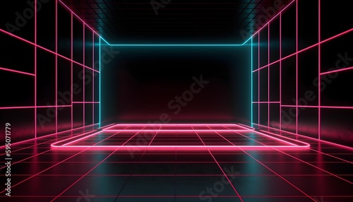 Futuristic Stage colorful neon lights stages room background and backdrop, empty podium for Product Display or Presentations, abstract modern, Perfect for Showcases and Modern Projects. 3D Rendering.