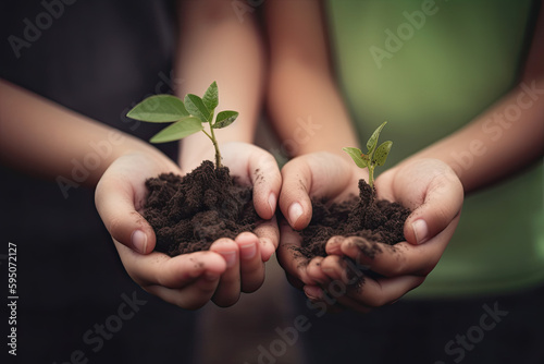 two girls holding a plant with soil before it is planted. Close up. Ai generative
