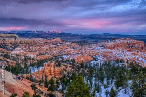 Bryce Canyon, Utah National Park sunset view with pink clouds