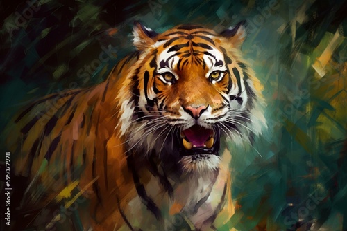 A Strikingly Fierce and Powerful Oil Painting of a Majestic Tiger Roaming its Primal Wild Jungle. Generative AI