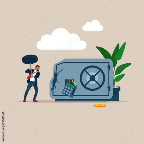 Businessman  uses sledgehammer and breaks safe. Breaking the law. Theft and property crime. Money problems. Flat vector illustration