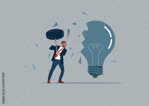 Businessman using sledgehammer and breaks light bulb . Flat vector illustration.