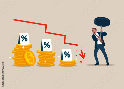 Businessman  uses sledgehammer and breaks falling chart. Interest downgrade hike due to inflation. Restraint fall in stock quote. Economic crisis. Flat vector illustration