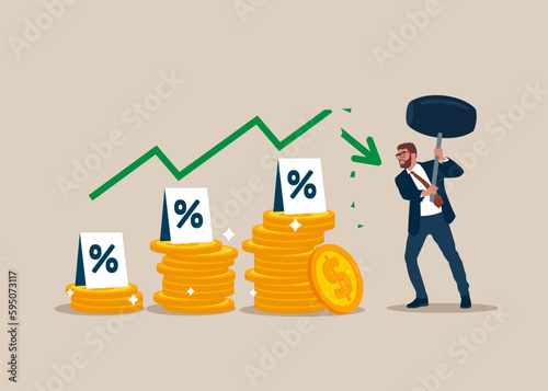 Businessman with pile of coins uses sledgehammer and breaks Interest rate hike. Interest rate hike due to inflation percentage rising up. Flat vector illustration. 