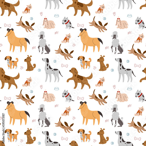 Fototapeta Naklejka Na Ścianę i Meble -  Minimalist dog hand drawing pattern. Cute sketch for animal fabric, doodle childish textile for clothes and nursery design. Funny pets faces, trendy wallpaper. Vector tidy seamless background
