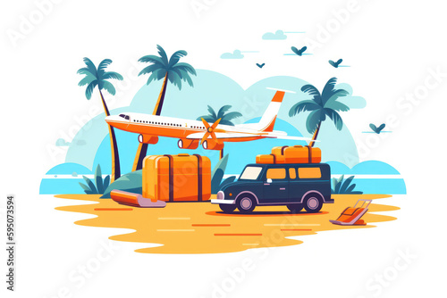 Vacation Mode: A Cartoon Logo of a Beach Scene with Palm Trees, a Suitcase, Plane, and Taxi. Generative Ai