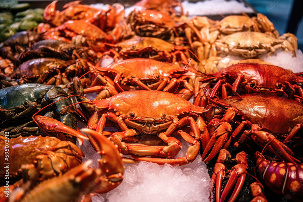 Seafood Delight: Fresh Crabs, Lobsters, Langustas, and Shrimps on Ice. Generative Ai Seafood Delight: Fresh Crabs, Lobsters, Langustas, and Shrimps on Ice. Generative Ai