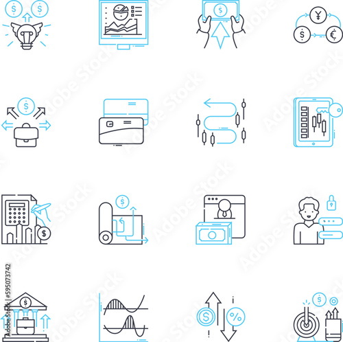 Trading linear icons set. Stocks, Forex, Commodities, Derivatives, Trading strategies, Technical analysis, Fundamental analysis line vector and concept signs. Charting,Volatility,Liquidity outline