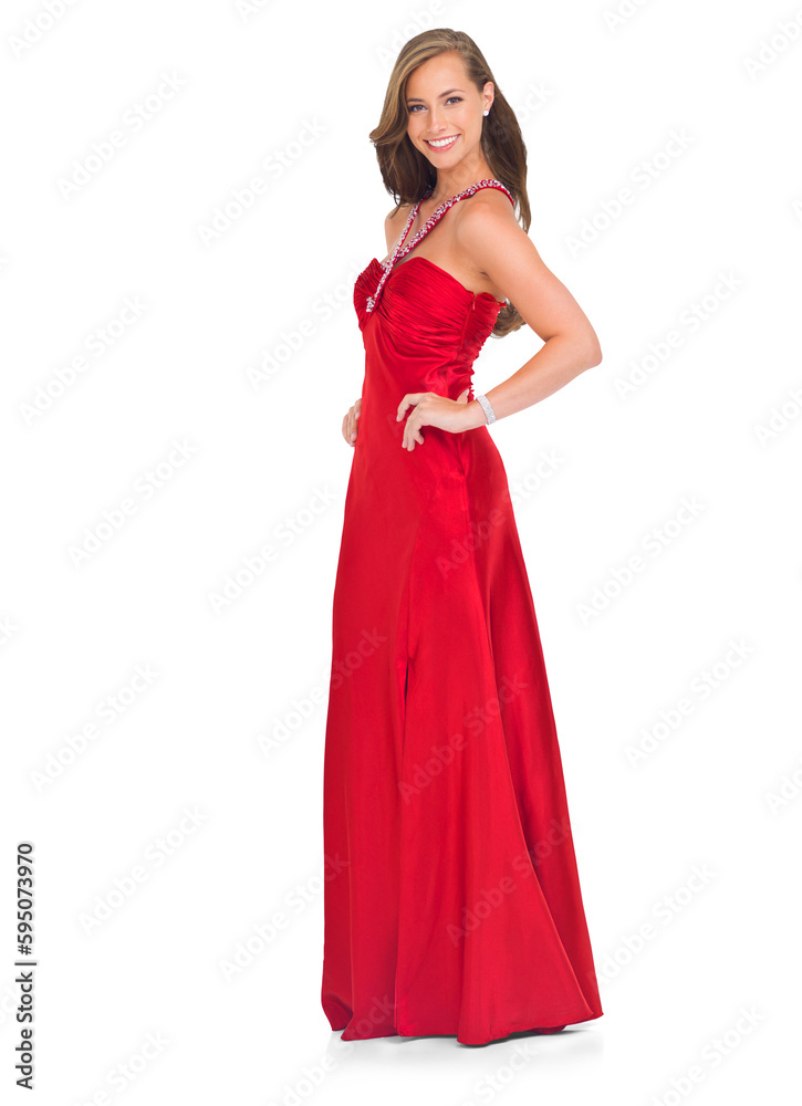 Portrait, smile and woman in red dress isolated on a transparent png background. Happiness, silk ball gown and female person standing with stylish fashion, elegant and trendy clothes for beauty prom.