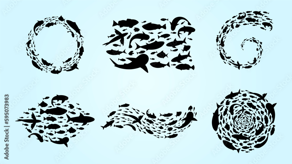 Fototapeta premium Fish school black silhouettes. Circle shoal pattern. Round flow. Marine animals group swim in ocean. Logo or frame underwater design. Undersea elements set. Vector recent background