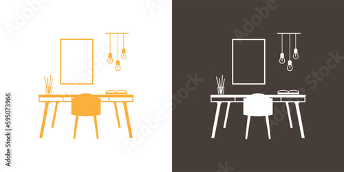 Desk anf chair. Furniture and interior design. Vector icon in flat style.