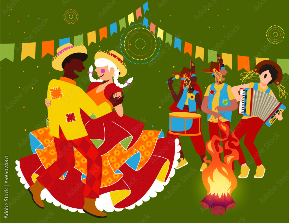 Vetor de casal caipira dançando quadrilha na fogueira e músicos na Festa Junina