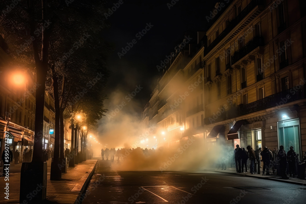 Paris Night Demonstration tears gas. Generative Ai