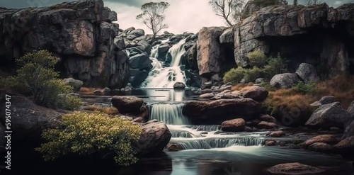 Lovely picture of a little waterfall, rocks, and trees on a foggy day. Generative AI