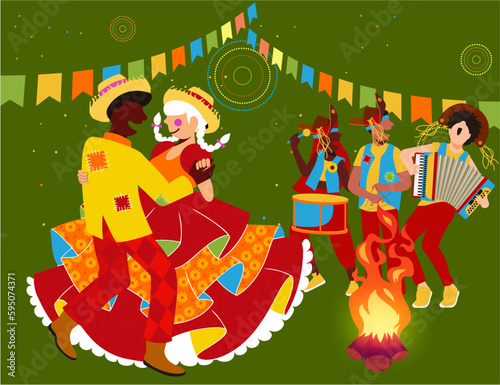 Fotografia Vetor de casal caipira dançando quadrilha na fogueira e músicos na Festa Junina