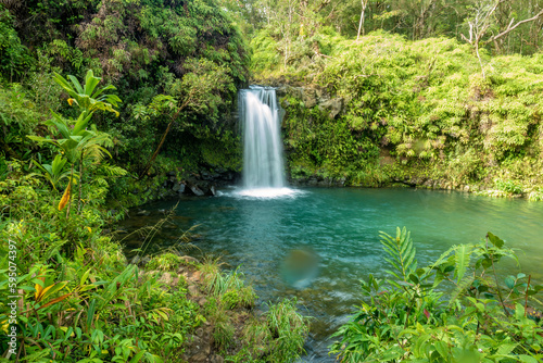 Gorgeous tropical landscapes with dense rainforests, waterfalls, rivers along the road to Hana, Maui, Hawaii, USA