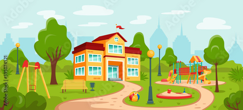 Kid playground. Kindergarten or school building in park. Play yard and garden. City schoolyard. Children nursery. Swings and sandbox. Empty landscape. Vector tidy cartoon illustration