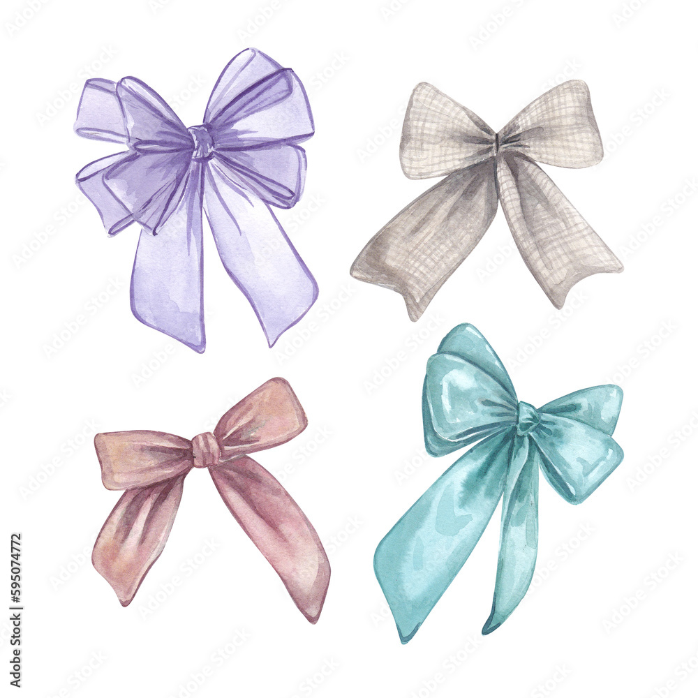 A set of festive ribbon bows on a white background. Watercolor illustration of jewelry for gifts. Collectible Provencal bouquet. Suitable for the design of invitations, postcards, weddings.