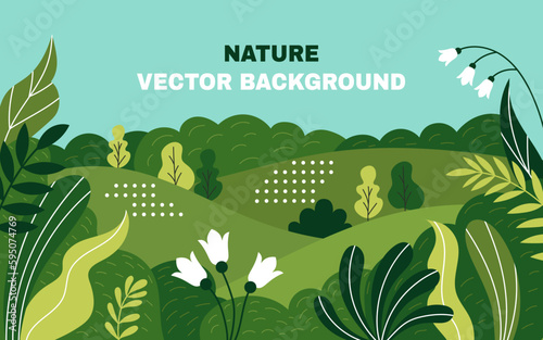 Forest plants. Minimal green trees, flowers and leaves, garden poster with gradation in ecosystem, gradients. Abstract graphic spring or summer backdrop. Banner template. Vector tidy background