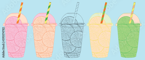 Five plastic cups with fruit slices. Orange, lemon, green lemon, grapefruit and citrus fruits. Black and color outlines.