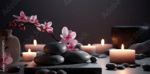 Tranquil Yoga Stones and Candles with Cherry Blossom Backdrop. Generative Ai