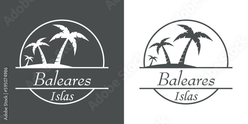 Destino de vacaciones. Logo aislado con texto manuscrito Baleares Islas en español con silueta de isla con la palma en círculo lineal