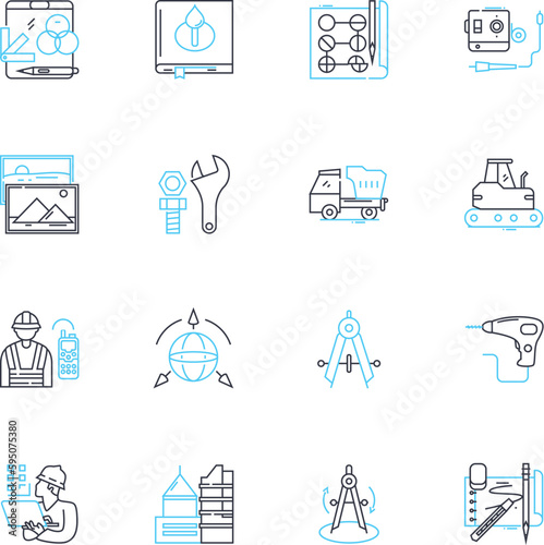 Engineering linear icons set. Innovation, Technology, Design, Analysis, Construction, Optimization, Materials line vector and concept signs. Sustainability,Manufacturing,Robotics outline illustrations